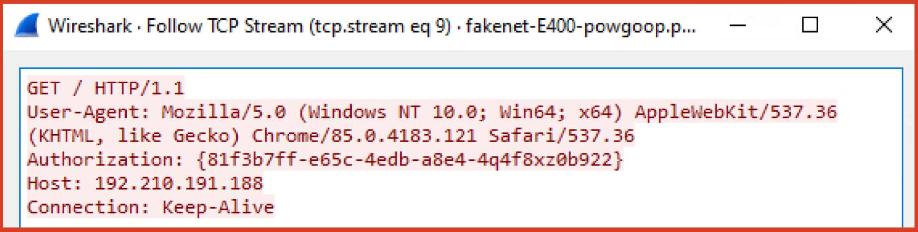 Initial victim check-in using the hard-coded user-agent and control server. A custom Authorization header with hard-coded GUID as the value is also added.